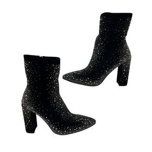ISNOM Black Rhinestone Pointed Toe Ankle Boots 3.5” Block Heel 6/36